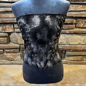AKIRA Run This Town Stretch Denim Fitted Corset Top Black Acid Wash Riveted